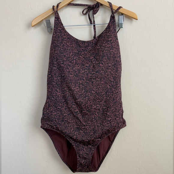 Athleta Animal Print Chocolate Brown One Piece Keyhole Swimsuit Floral Large - Picture 3 of 8